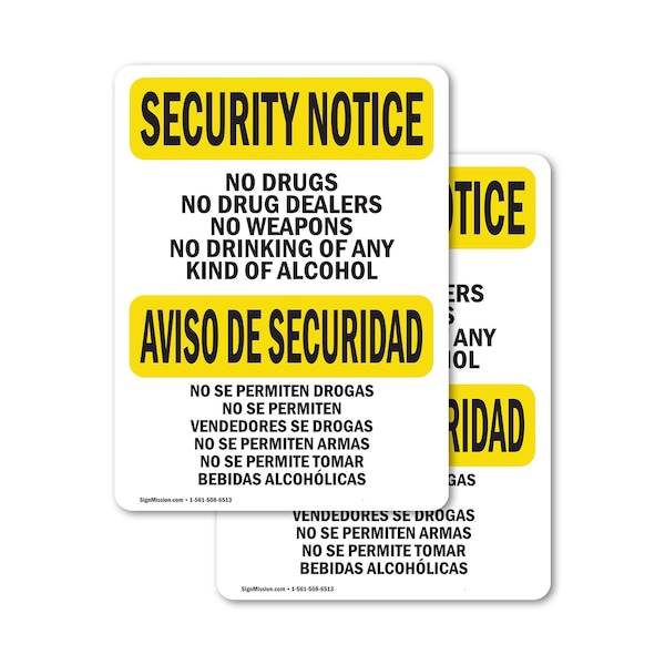 Signmission No Drugs Dealers Weapons Bilingual OSHA Security Notice Sign, Vinyl Decal, 7in W x 10in L, 2PK OS-2PACK-SN-D-710-L-11598 - main